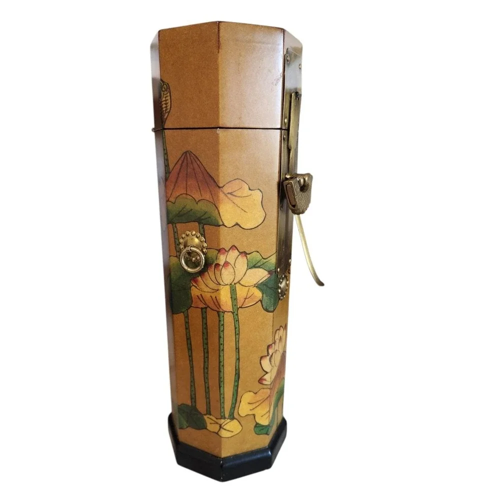 Asian Wood Tower Oriental Box Brass Fish w/ Key MCM Vintage Handpainted Flowers‎